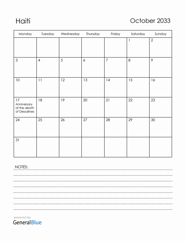 October 2033 Haiti Calendar with Holidays (Monday Start)