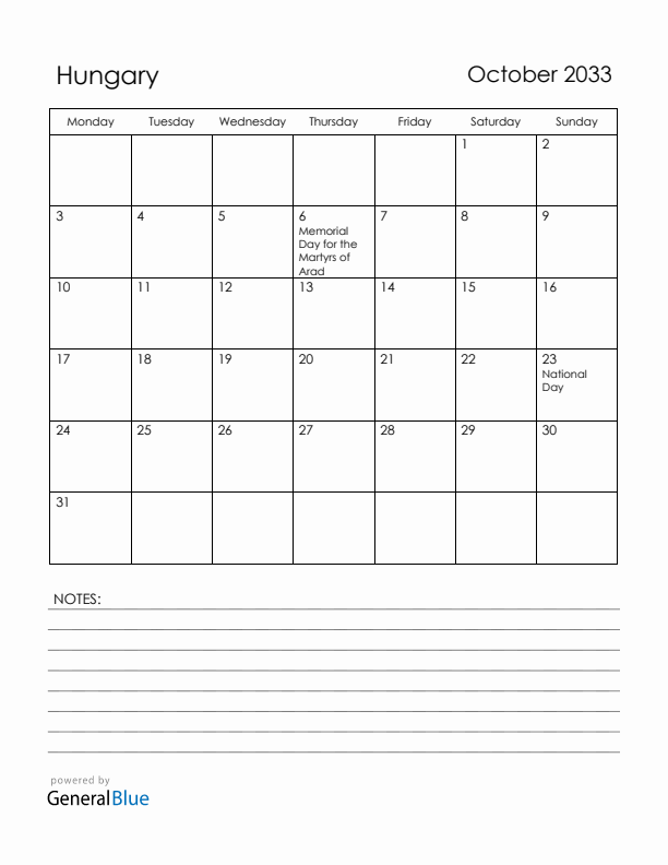 October 2033 Hungary Calendar with Holidays (Monday Start)