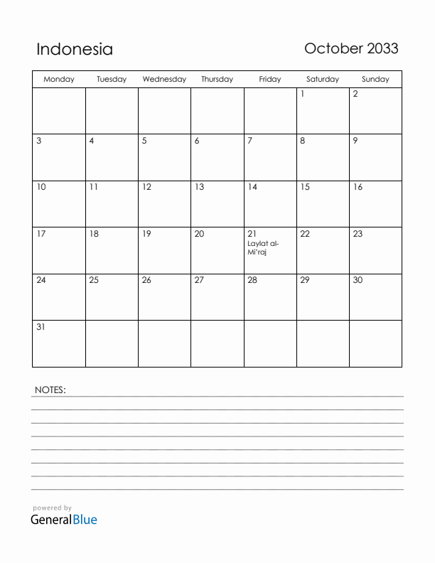 October 2033 Indonesia Calendar with Holidays (Monday Start)