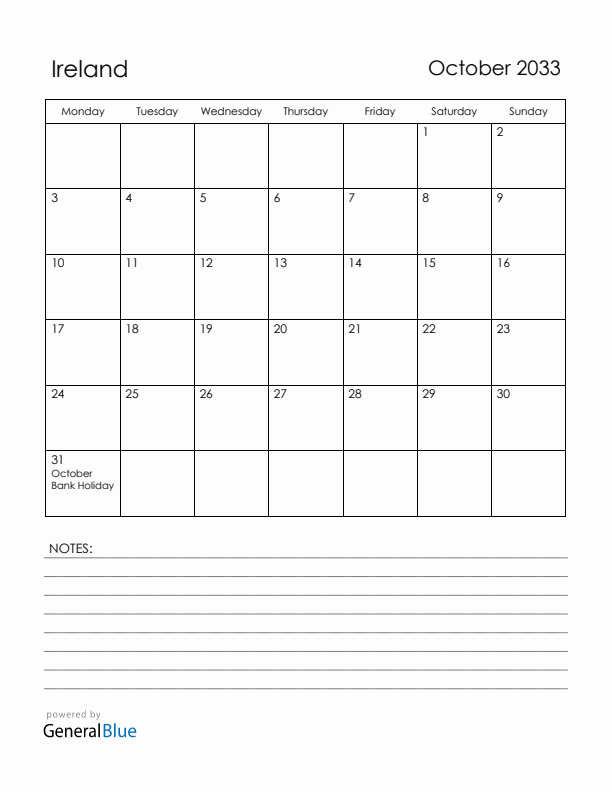 October 2033 Ireland Calendar with Holidays (Monday Start)