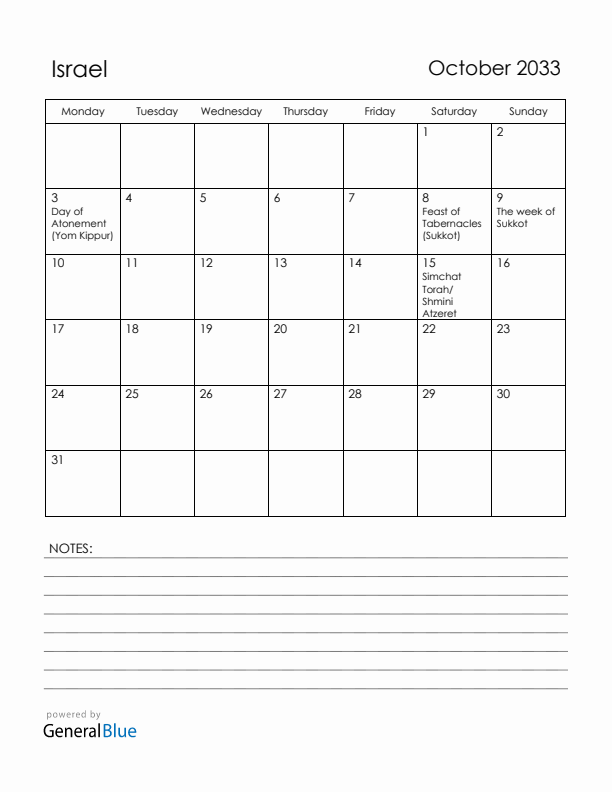 October 2033 Israel Calendar with Holidays (Monday Start)