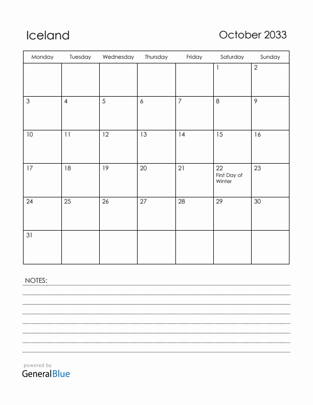 October 2033 Iceland Calendar with Holidays (Monday Start)