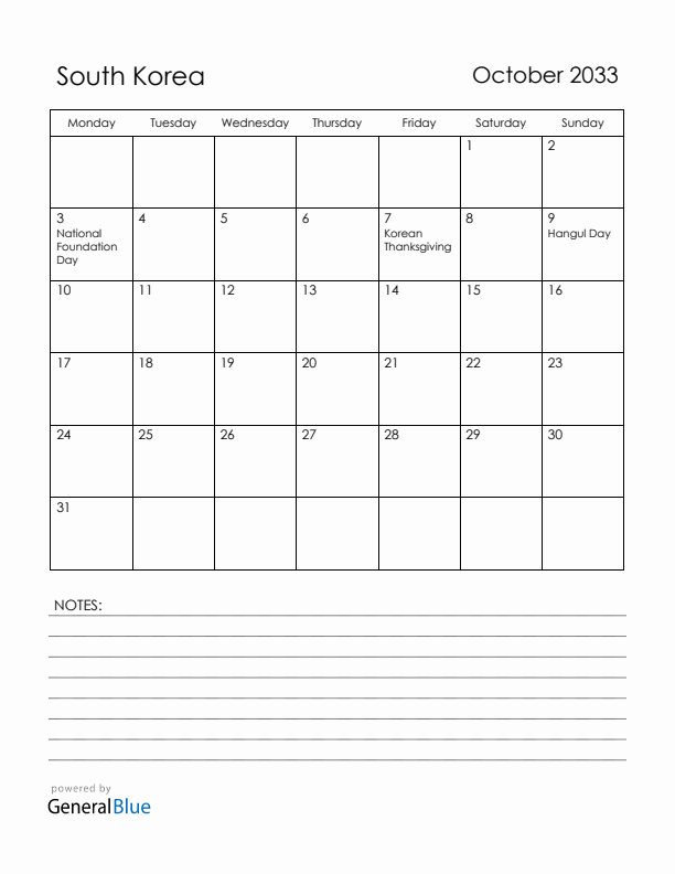 October 2033 South Korea Calendar with Holidays (Monday Start)
