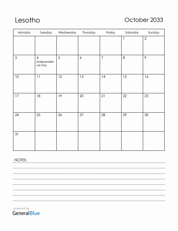 October 2033 Lesotho Calendar with Holidays (Monday Start)