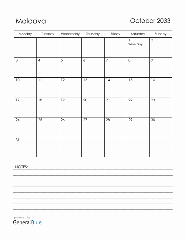 October 2033 Moldova Calendar with Holidays (Monday Start)