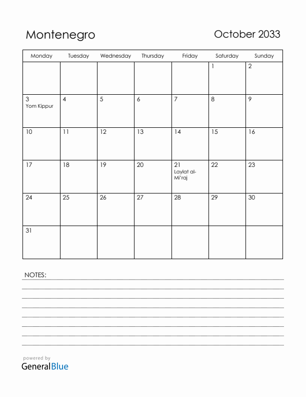 October 2033 Montenegro Calendar with Holidays (Monday Start)
