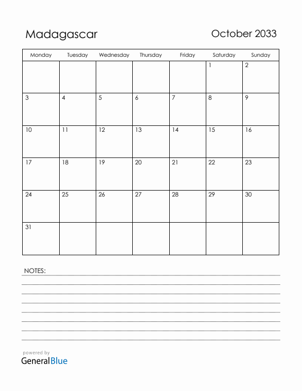 October 2033 Madagascar Calendar with Holidays (Monday Start)