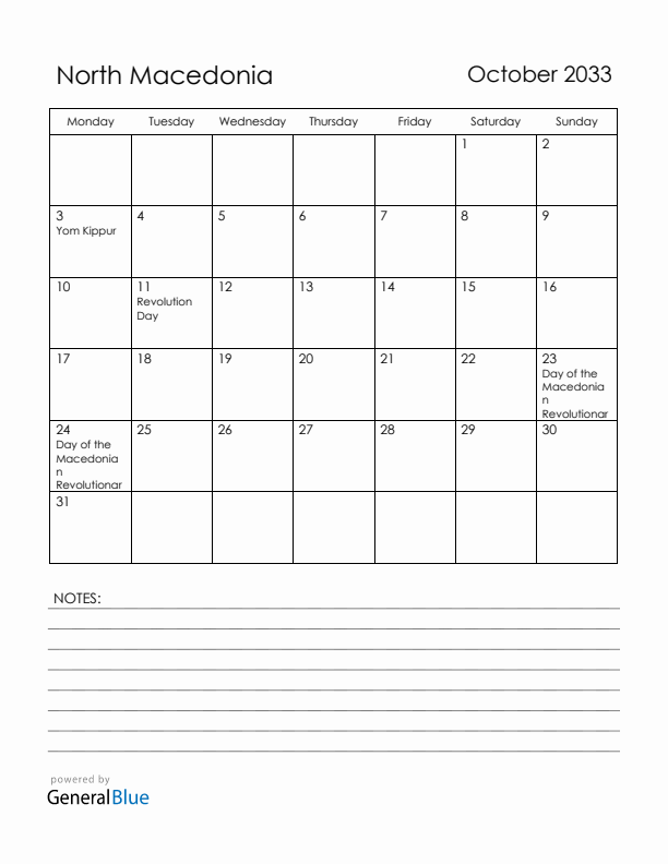 October 2033 North Macedonia Calendar with Holidays (Monday Start)