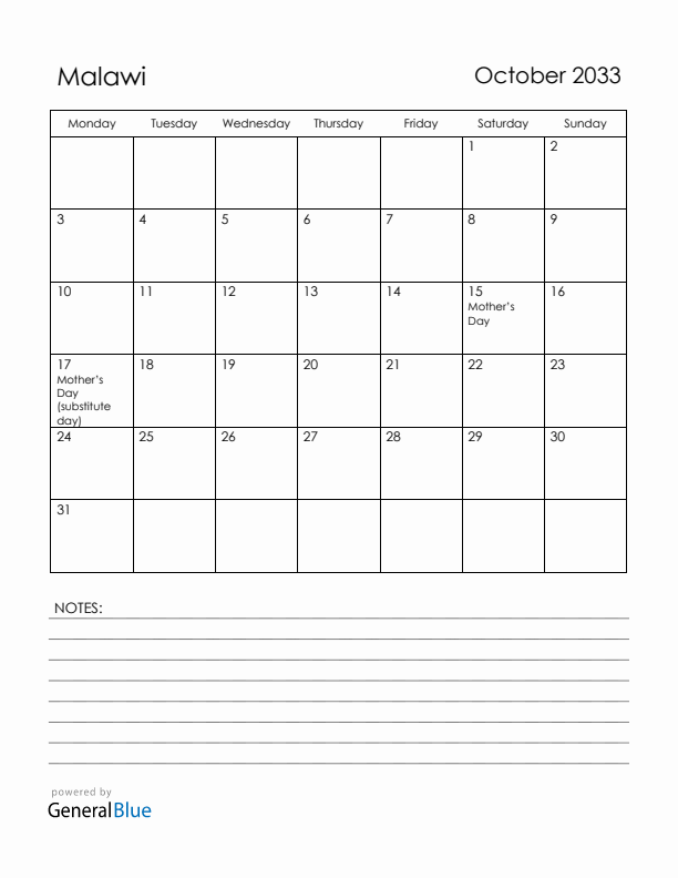 October 2033 Malawi Calendar with Holidays (Monday Start)