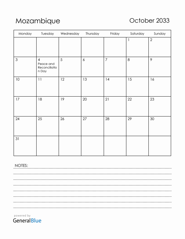 October 2033 Mozambique Calendar with Holidays (Monday Start)
