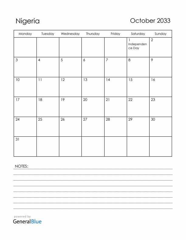 October 2033 Nigeria Calendar with Holidays (Monday Start)
