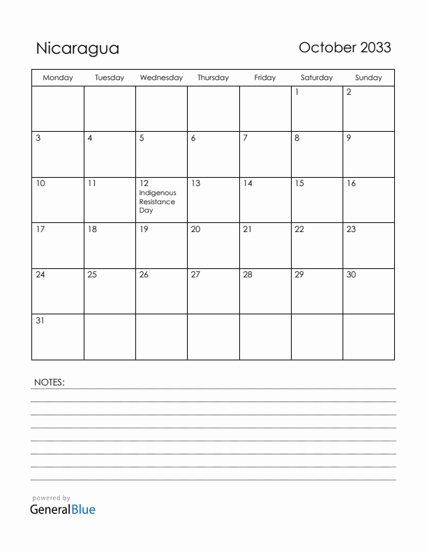 October 2033 Nicaragua Calendar with Holidays (Monday Start)