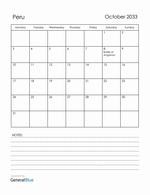October 2033 Peru Calendar with Holidays (Monday Start)