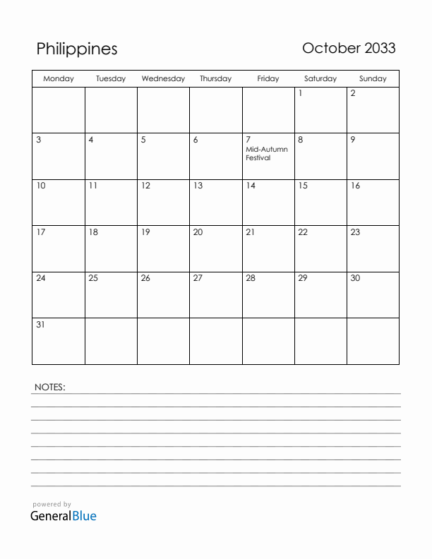 October 2033 Philippines Calendar with Holidays (Monday Start)
