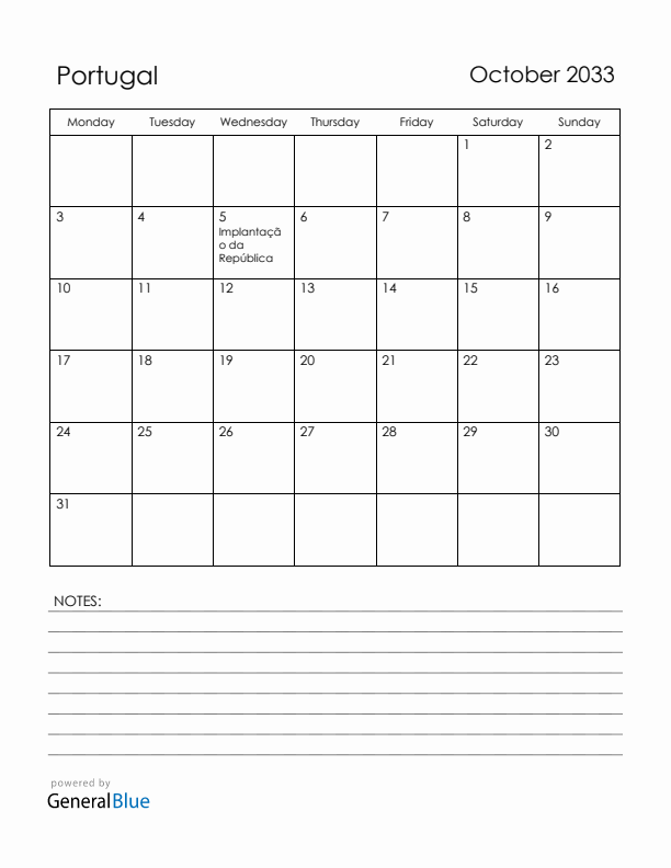 October 2033 Portugal Calendar with Holidays (Monday Start)