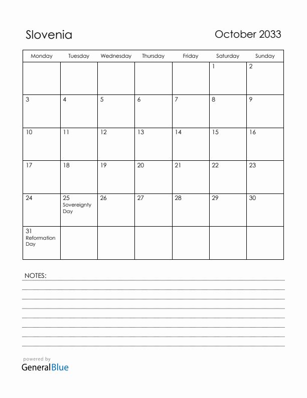 October 2033 Slovenia Calendar with Holidays (Monday Start)