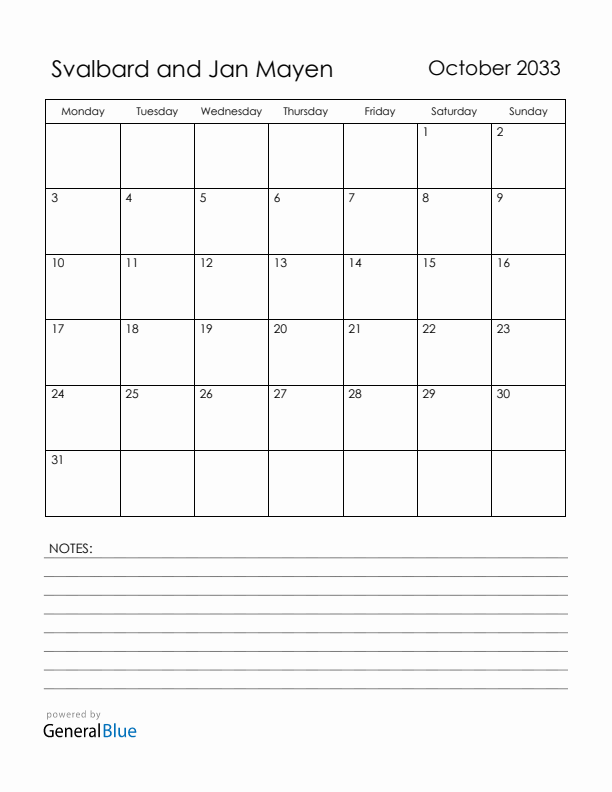 October 2033 Svalbard and Jan Mayen Calendar with Holidays (Monday Start)