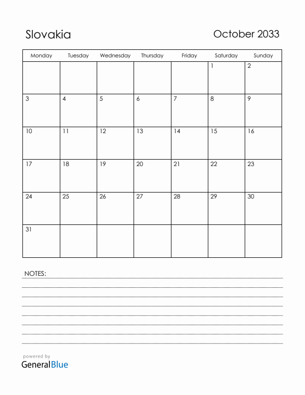 October 2033 Slovakia Calendar with Holidays (Monday Start)