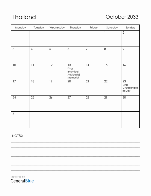 October 2033 Thailand Calendar with Holidays (Monday Start)