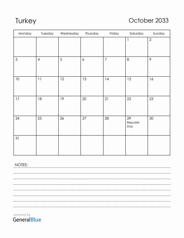 October 2033 Turkey Calendar with Holidays (Monday Start)