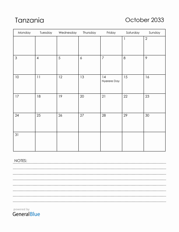 October 2033 Tanzania Calendar with Holidays (Monday Start)
