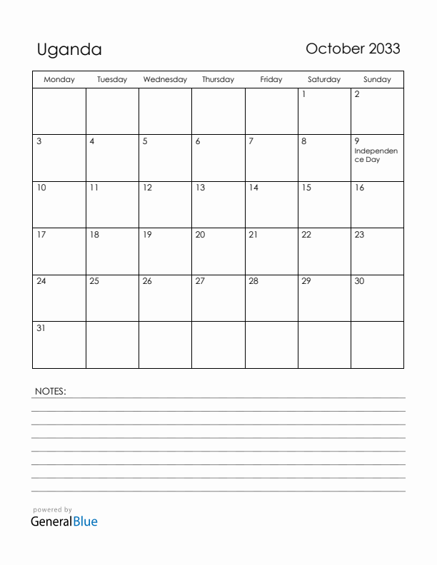 October 2033 Uganda Calendar with Holidays (Monday Start)