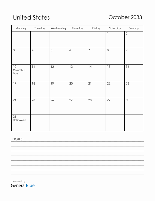October 2033 United States Calendar with Holidays (Monday Start)
