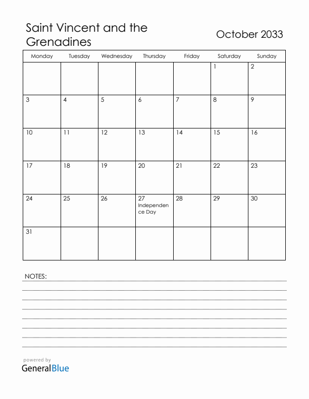 October 2033 Saint Vincent and the Grenadines Calendar with Holidays (Monday Start)