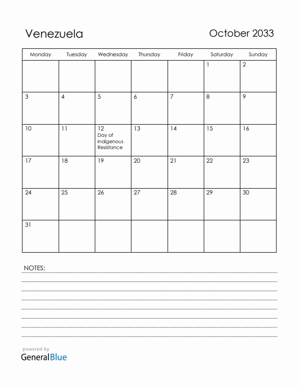 October 2033 Venezuela Calendar with Holidays (Monday Start)
