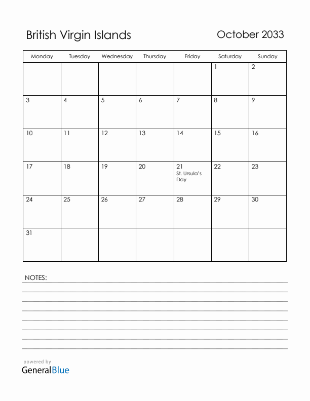 October 2033 British Virgin Islands Calendar with Holidays (Monday Start)