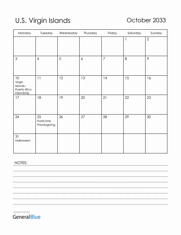 October 2033 U.S. Virgin Islands Calendar with Holidays (Monday Start)