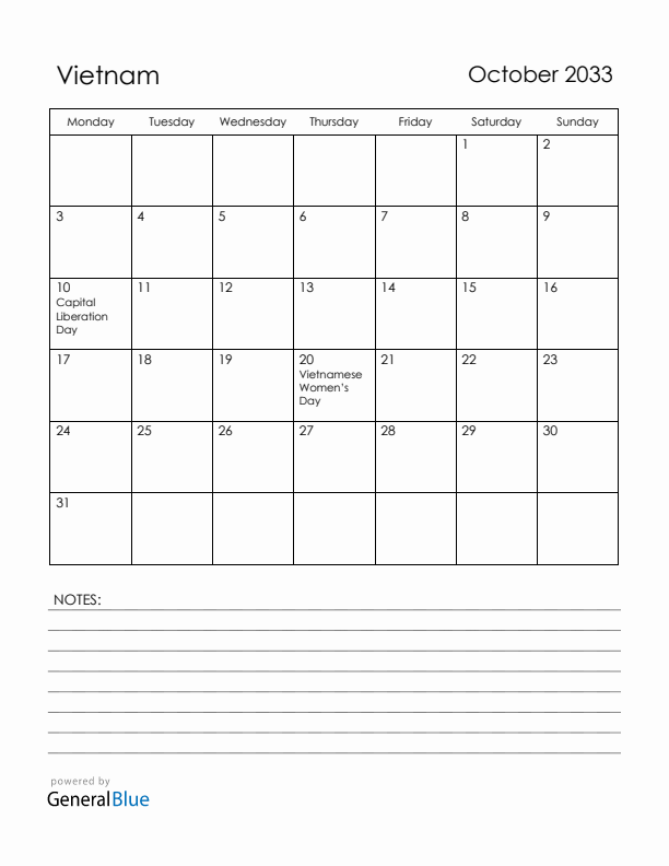 October 2033 Vietnam Calendar with Holidays (Monday Start)