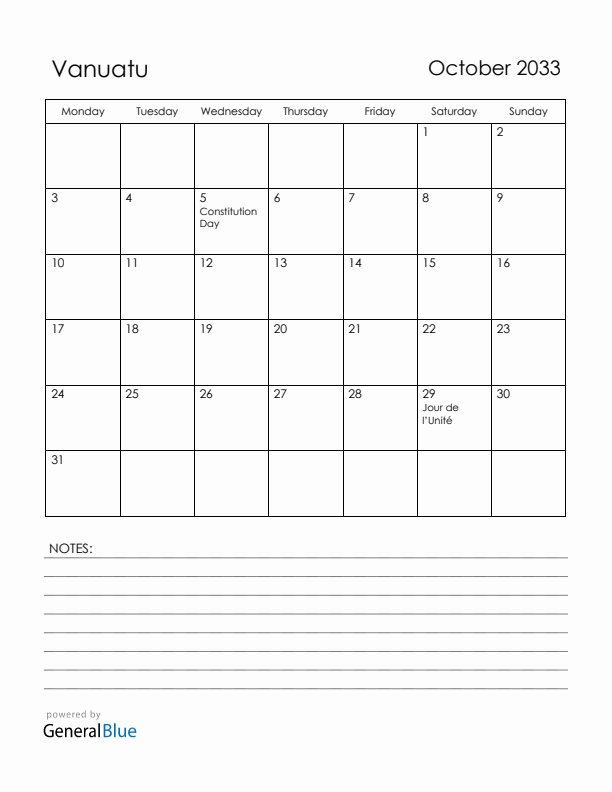 October 2033 Vanuatu Calendar with Holidays (Monday Start)
