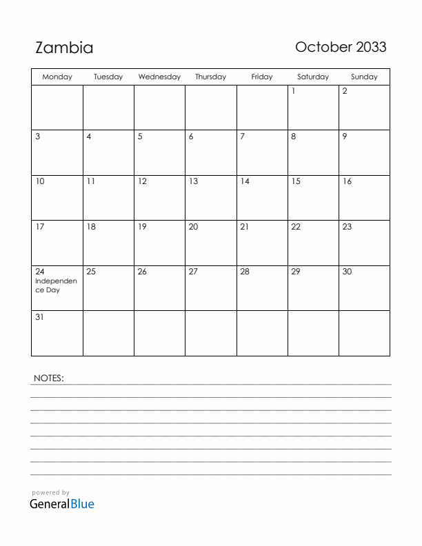 October 2033 Zambia Calendar with Holidays (Monday Start)
