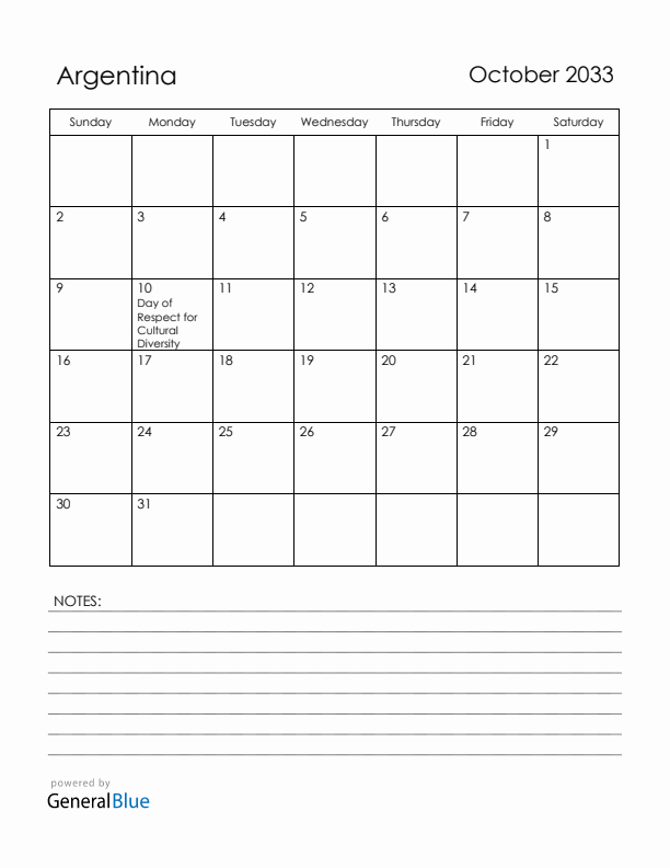 October 2033 Argentina Calendar with Holidays (Sunday Start)
