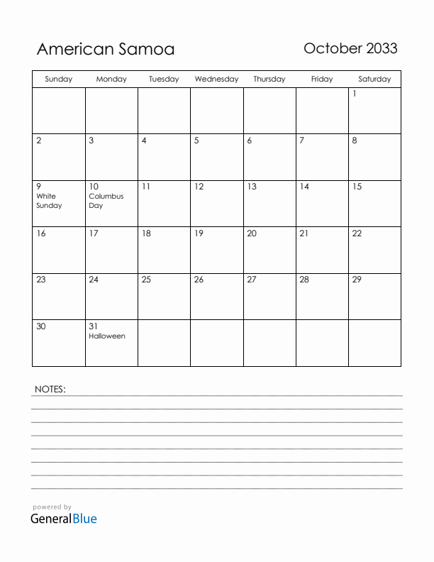 October 2033 American Samoa Calendar with Holidays (Sunday Start)