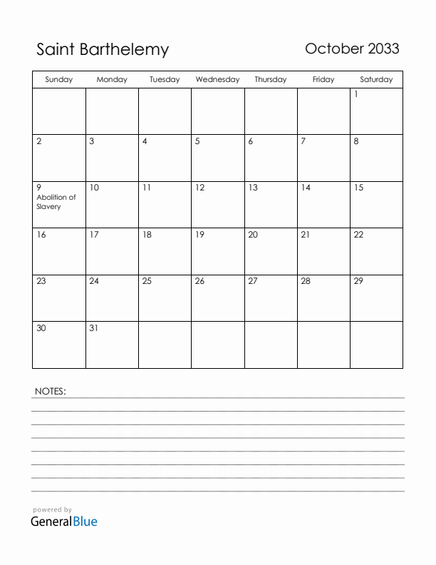 October 2033 Saint Barthelemy Calendar with Holidays (Sunday Start)