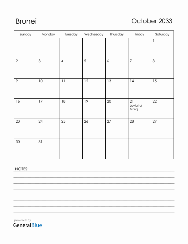 October 2033 Brunei Calendar with Holidays (Sunday Start)