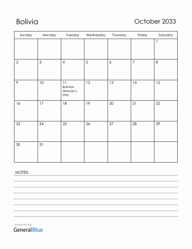 October 2033 Bolivia Calendar with Holidays (Sunday Start)