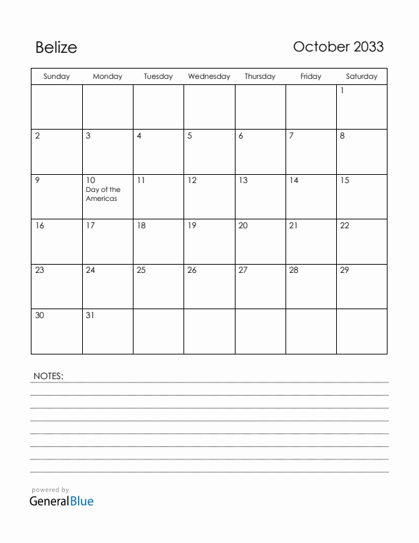 October 2033 Belize Calendar with Holidays (Sunday Start)