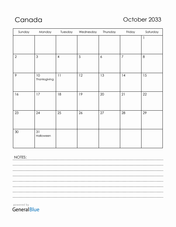 October 2033 Canada Calendar with Holidays (Sunday Start)