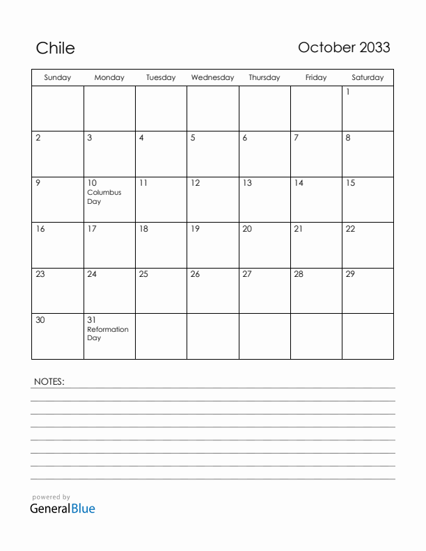 October 2033 Chile Calendar with Holidays (Sunday Start)