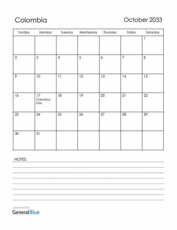 October 2033 Colombia Calendar with Holidays (Sunday Start)