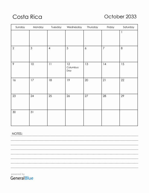 October 2033 Costa Rica Calendar with Holidays (Sunday Start)