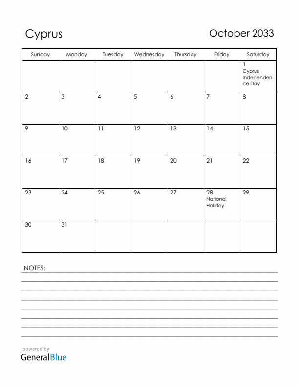 October 2033 Cyprus Calendar with Holidays (Sunday Start)