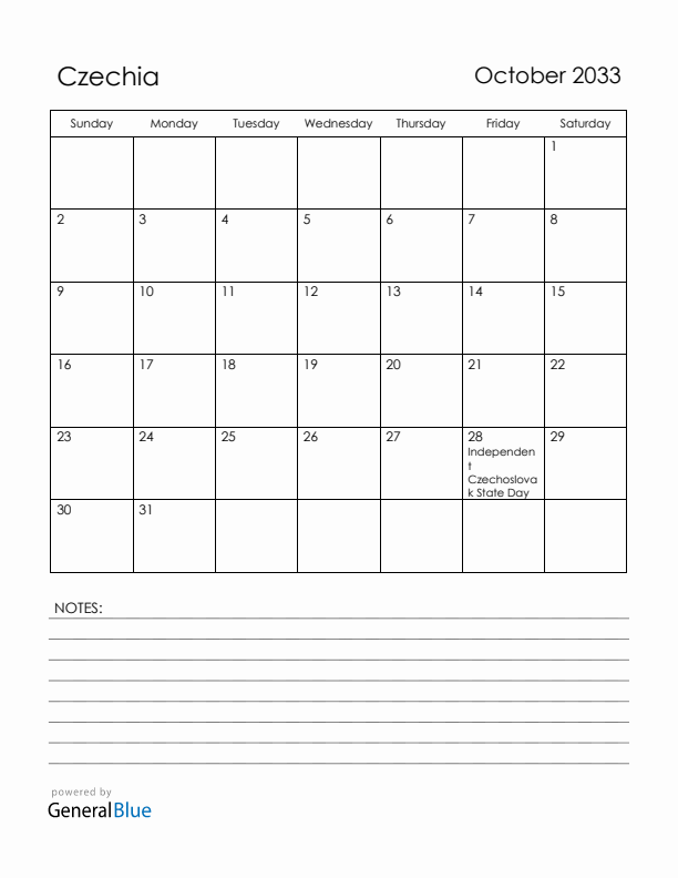 October 2033 Czechia Calendar with Holidays (Sunday Start)