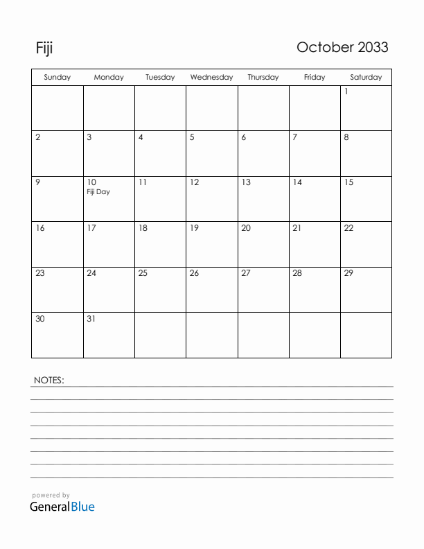 October 2033 Fiji Calendar with Holidays (Sunday Start)