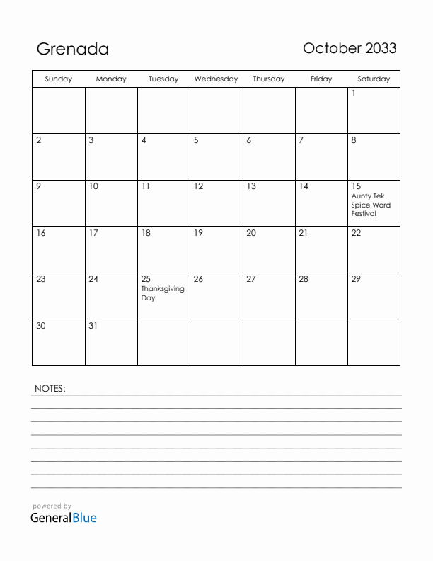 October 2033 Grenada Calendar with Holidays (Sunday Start)