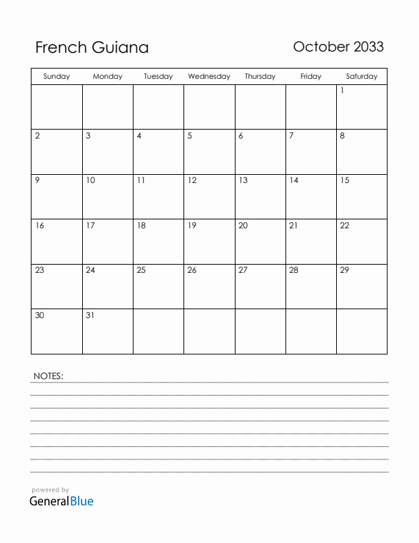 October 2033 French Guiana Calendar with Holidays (Sunday Start)