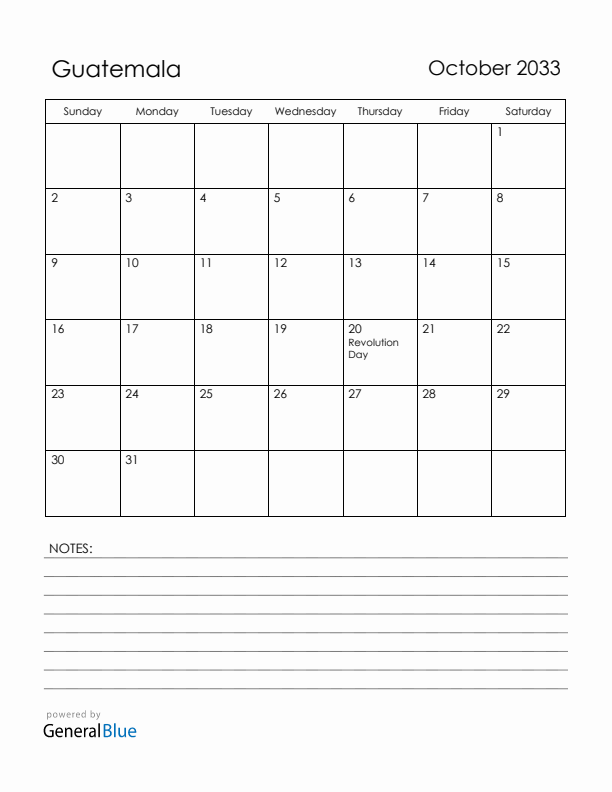 October 2033 Guatemala Calendar with Holidays (Sunday Start)